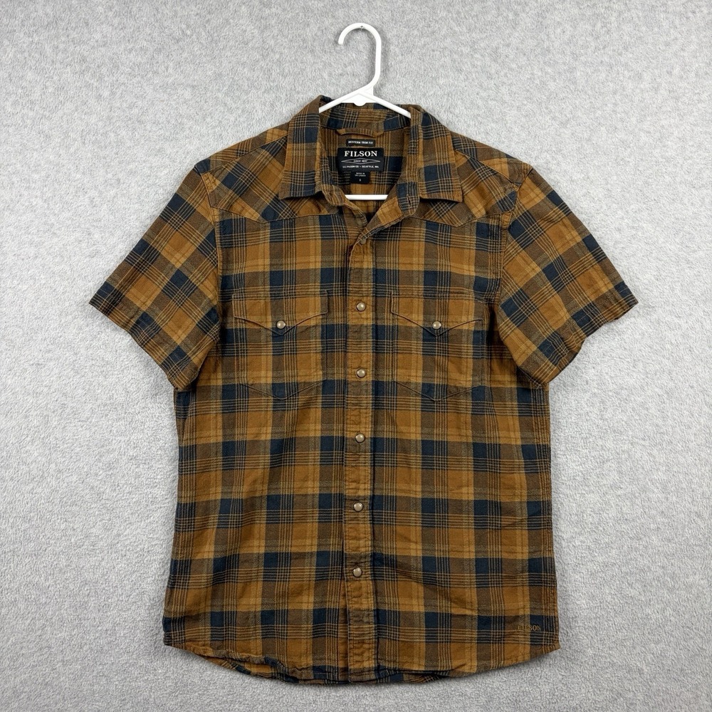 Filson Shirt Mens Small Brown Navy Blue Plaid Pearl Snap Western Trim Fit Cotton